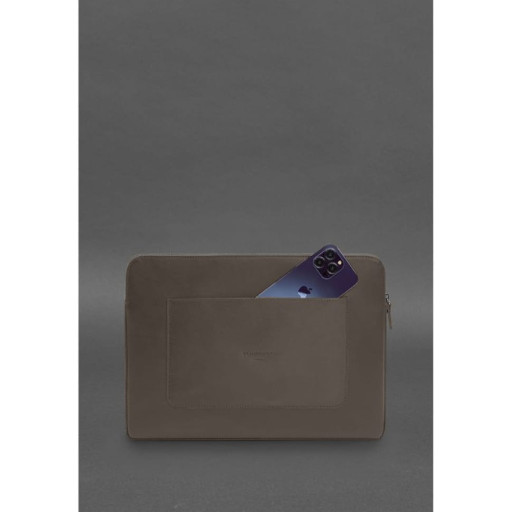 Шкіряний чохол для ноутбука на блискавці з хлястиком та кишенею Темно-бежевий