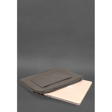 Leather Laptop Case with Zipper and Strap and Pocket Dark Beige