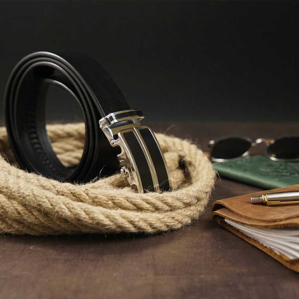 Ремінь чоловічий з автоматичною пряжкою та чорними вставками Vintage 20281 Чорний