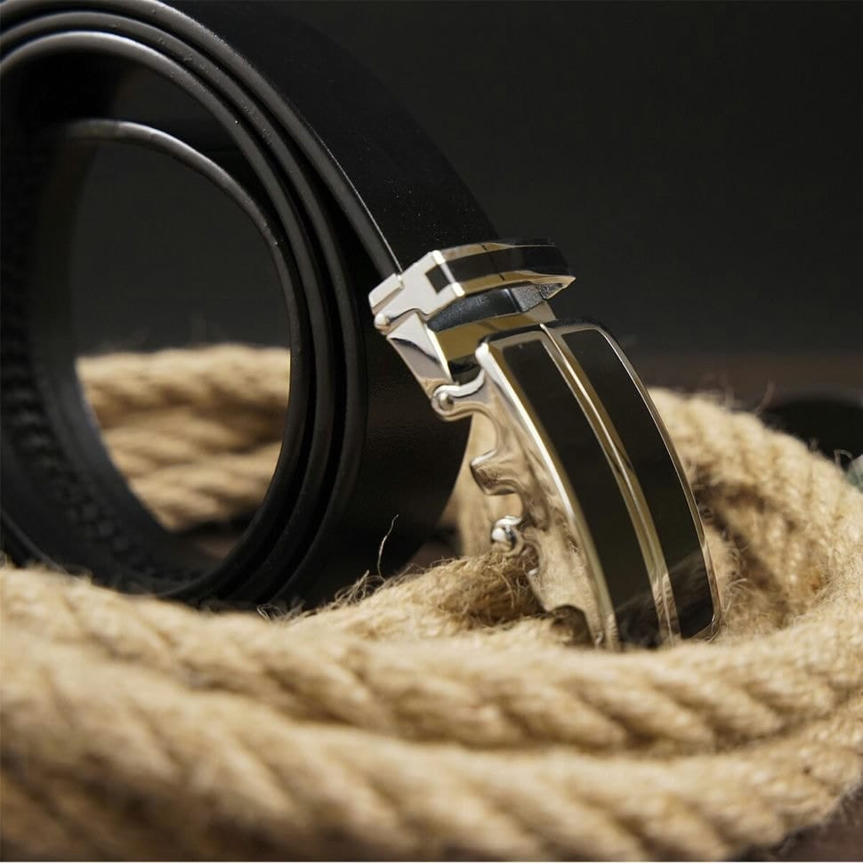 Ремінь чоловічий з автоматичною пряжкою та чорними вставками Vintage 20281 Чорний