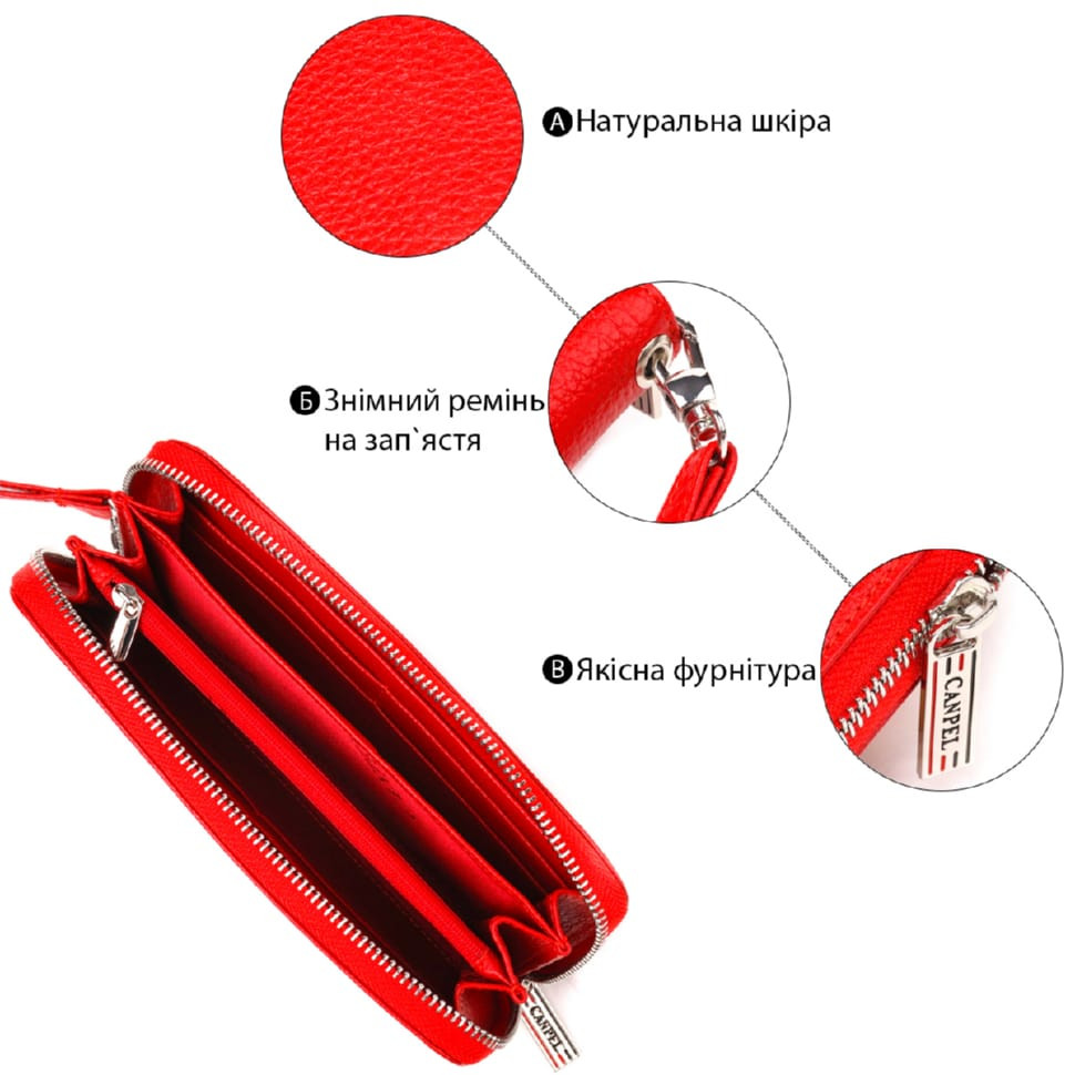 Яркий кошелек для женщин из натуральной зернистой кожи CANPELLINI 21615 Красный