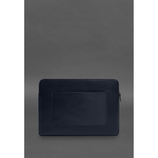Шкіряний чохол для ноутбука на блискавці з хлястиком та кишенею Синій