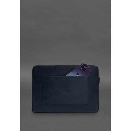 Шкіряний чохол для ноутбука на блискавці з хлястиком та кишенею Синій