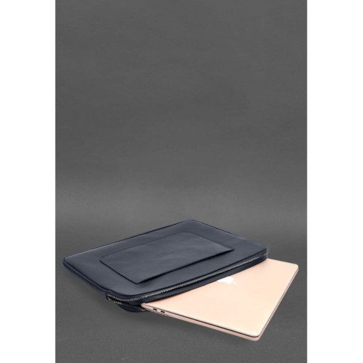 Шкіряний чохол для ноутбука на блискавці з хлястиком та кишенею Синій