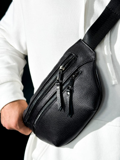 Genuine Leather Belt Bag, Leather Waist Bag SKILL Two Line (Black)