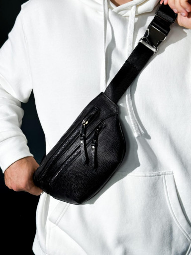 Genuine Leather Belt Bag, Leather Waist Bag SKILL Two Line (Black)