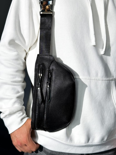 Genuine Leather Belt Bag, Leather Waist Bag SKILL Two Line (Black)