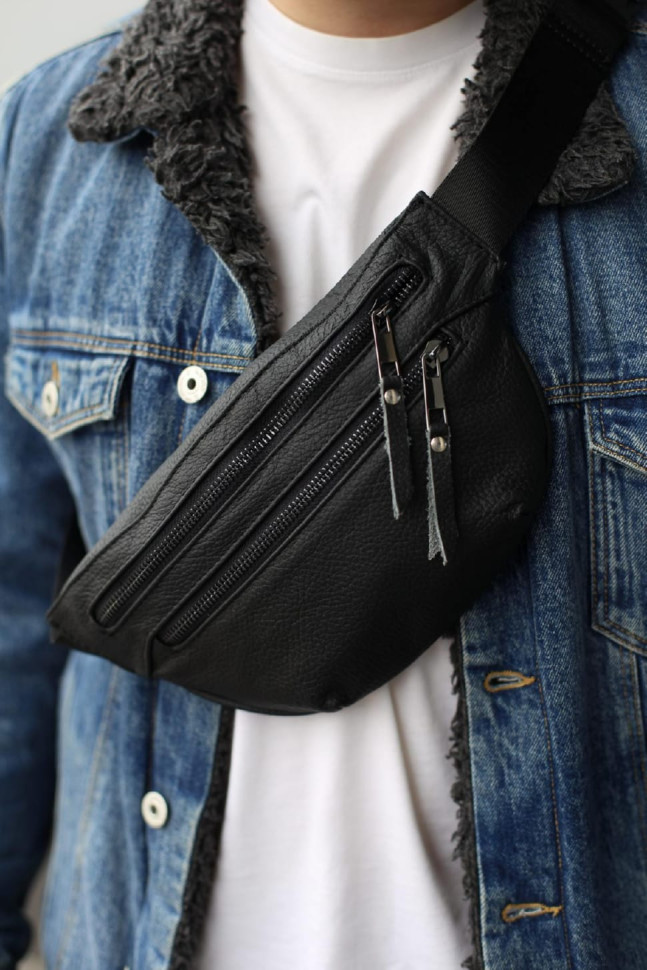 Genuine Leather Belt Bag, Leather Waist Bag SKILL Two Line (Black)