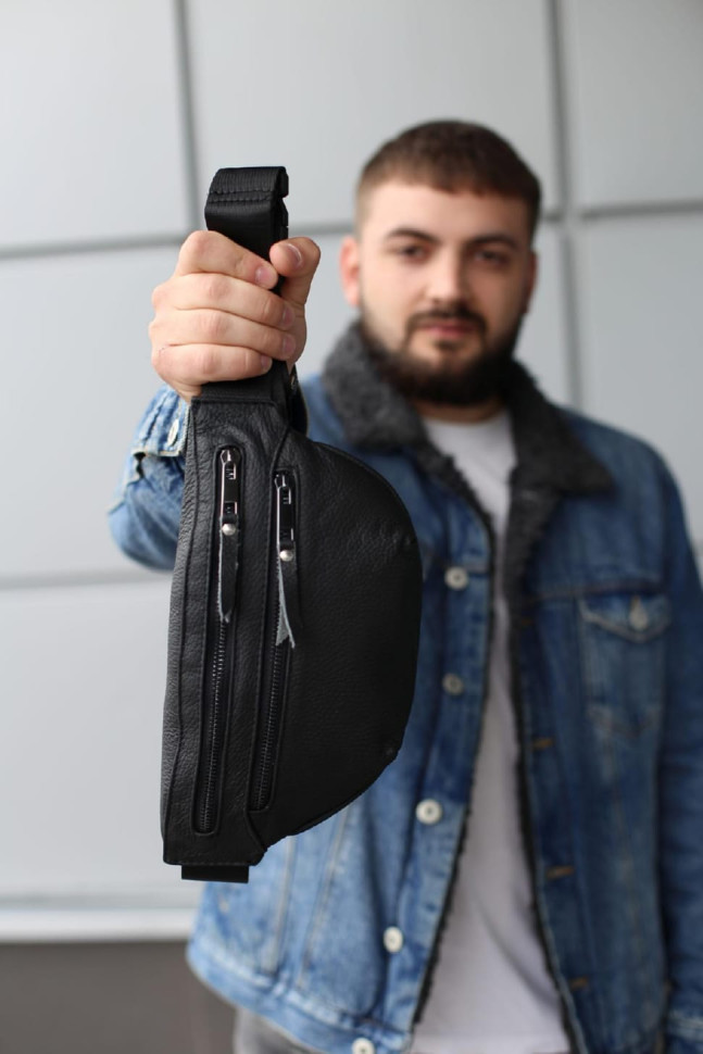 Genuine Leather Belt Bag, Leather Waist Bag SKILL Two Line (Black)