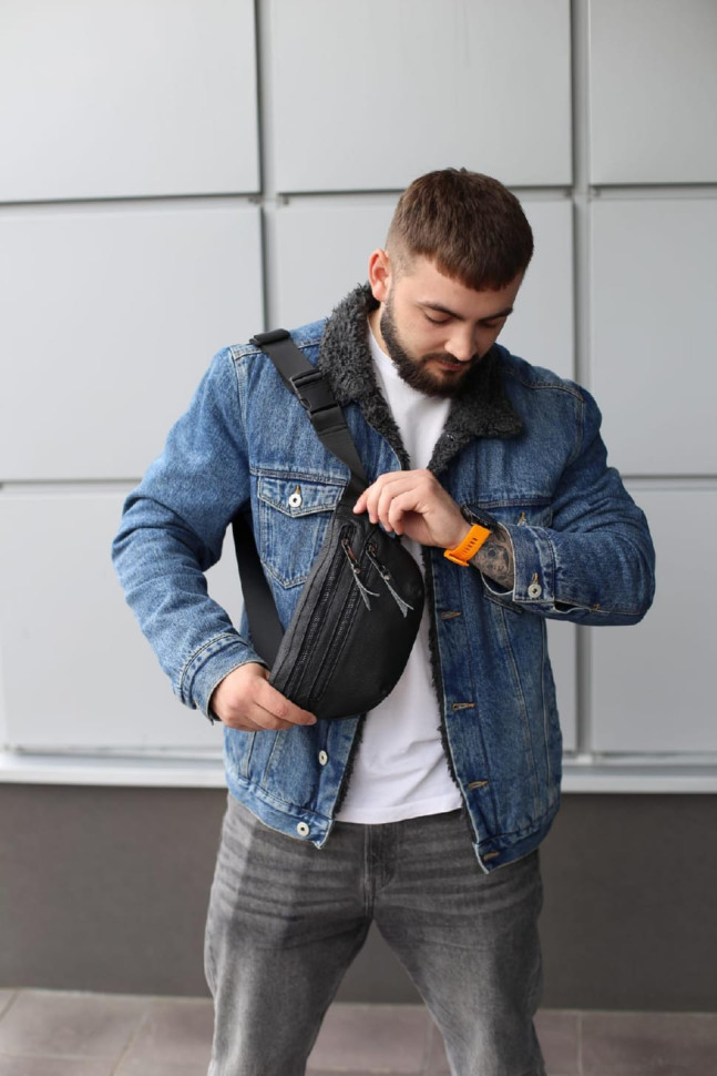 Genuine Leather Belt Bag, Leather Waist Bag SKILL Two Line (Black)