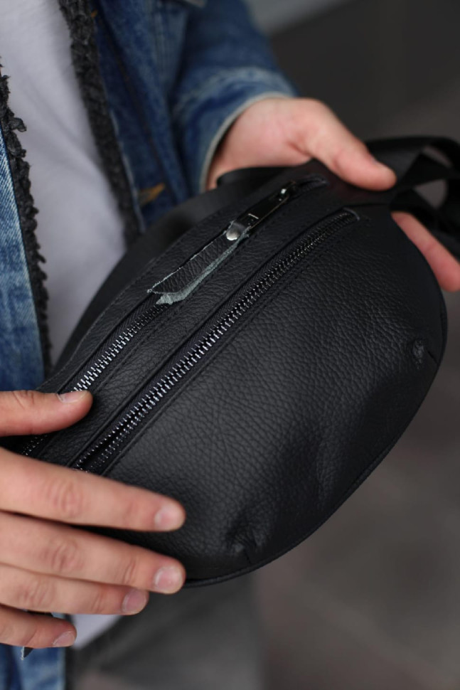 Genuine Leather Belt Bag, Leather Waist Bag SKILL Two Line (Black)