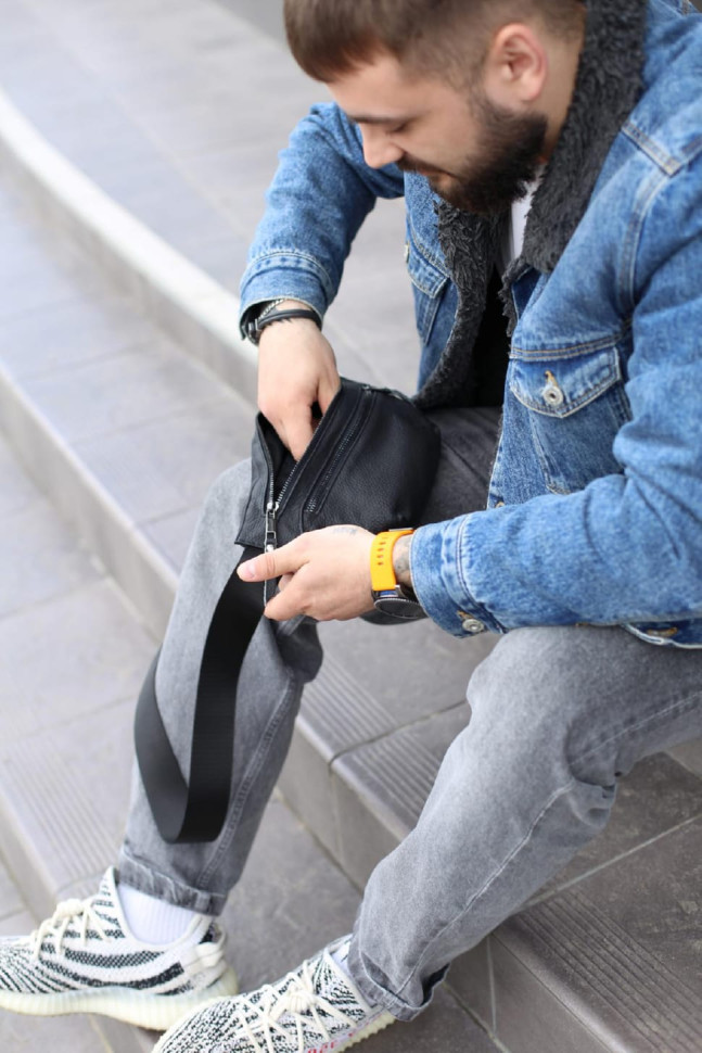 Genuine Leather Belt Bag, Leather Waist Bag SKILL Two Line (Black)