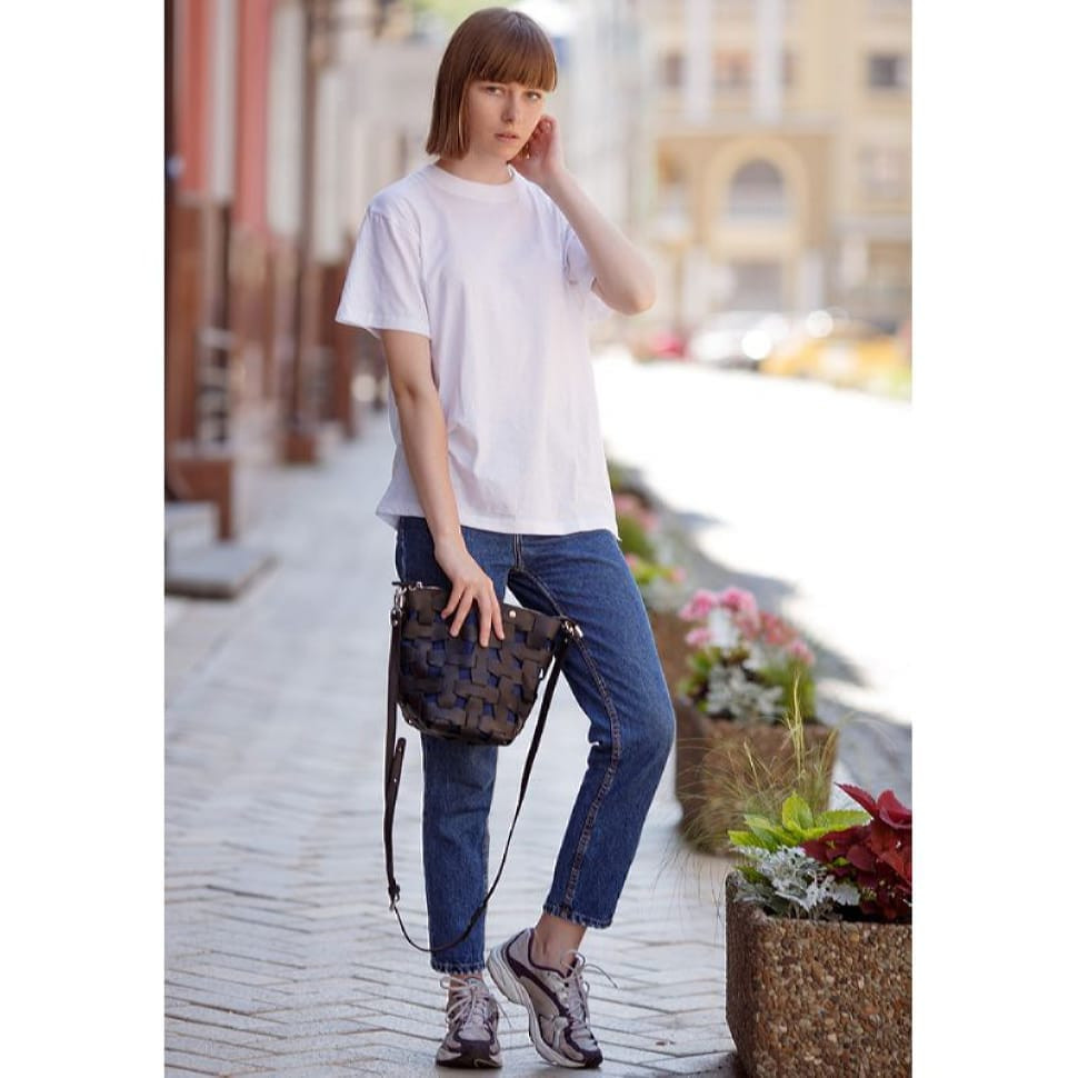 Шкіряна плетена сумка Пазл M чорна Crazy Horse