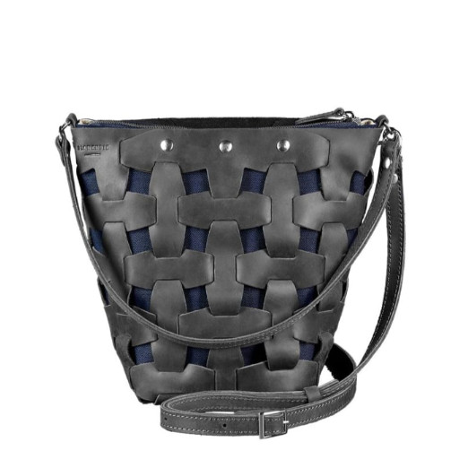 Шкіряна плетена сумка Пазл M чорна Crazy Horse