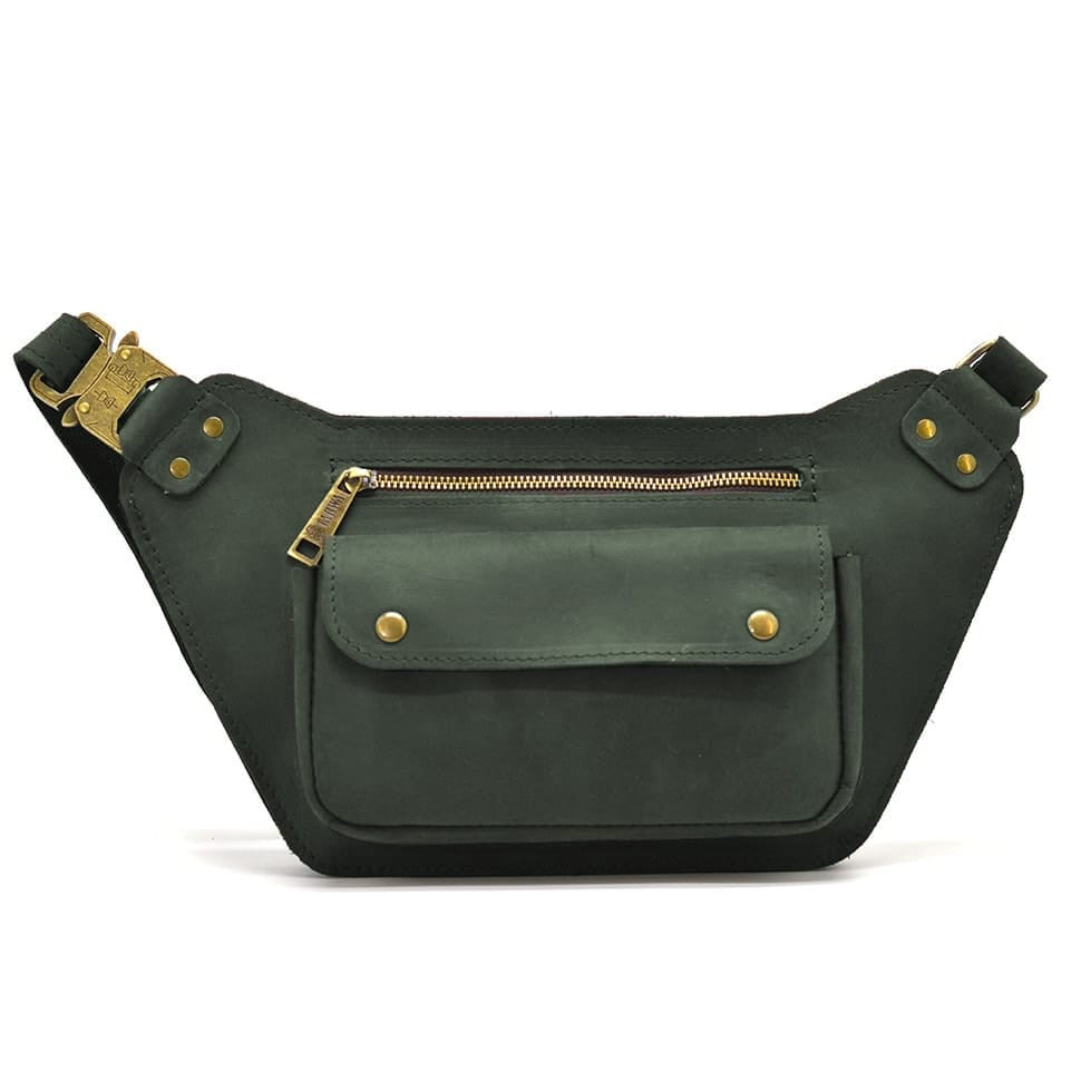 Шкіряна обємна бананка напоясна сумка зелена RE-8139-3md TARWA