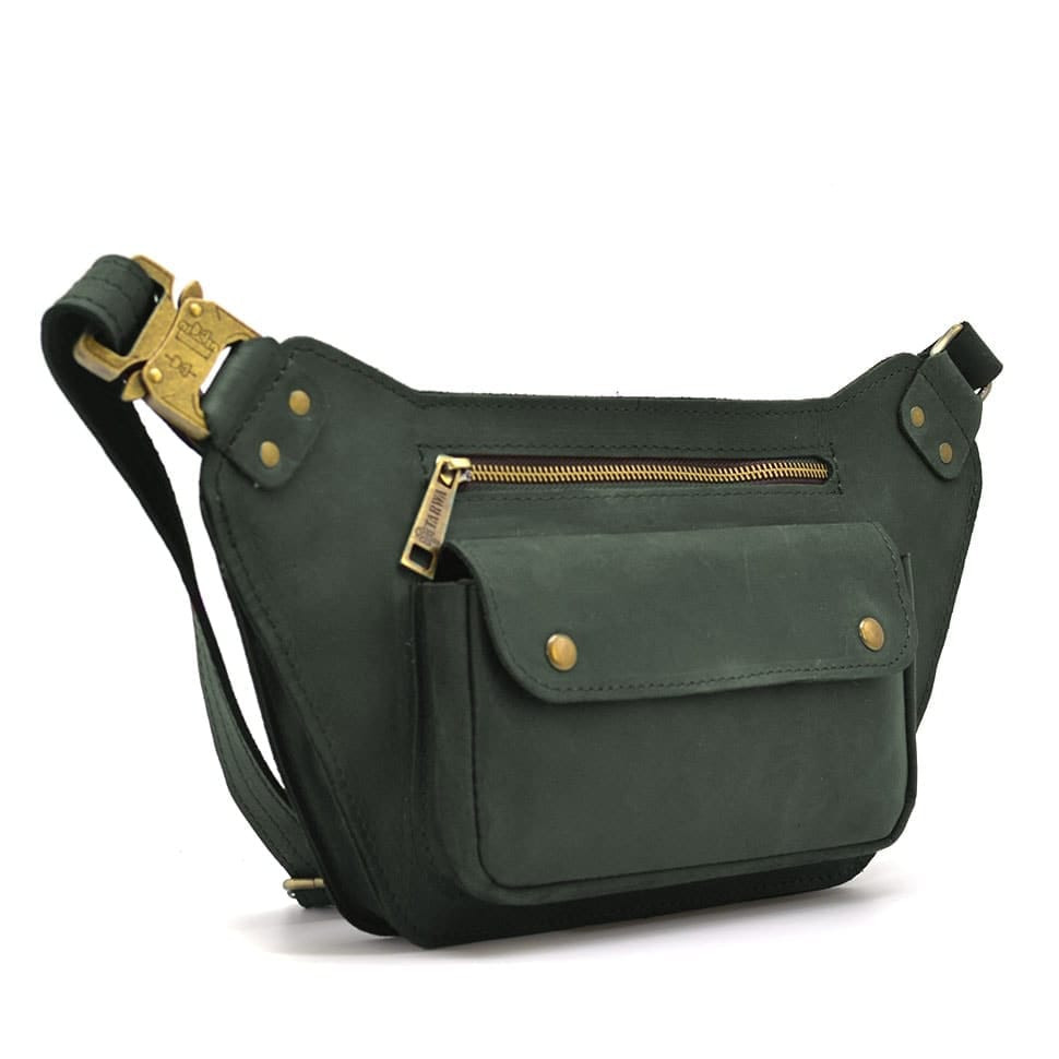 Шкіряна обємна бананка напоясна сумка зелена RE-8139-3md TARWA