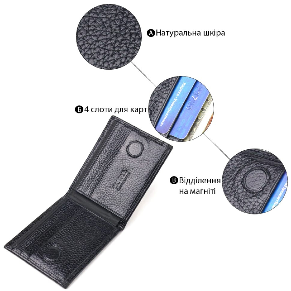 Практичний затиск із натуральної зернистої шкіри CANPELLINI 21518 Чорний