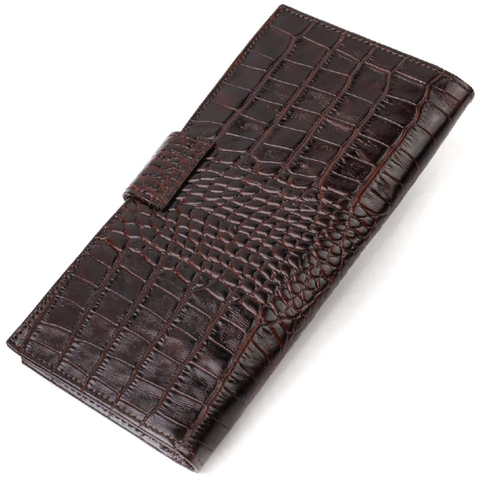 Місткий вертикальний чоловічий портмоне з натуральної фактурної шкіри з тисненням під крокодила CANPELLINI 21720 Коричневий
