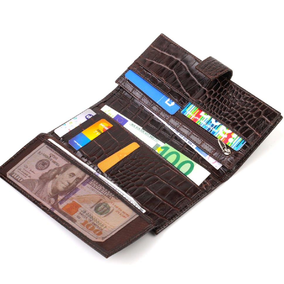 Місткий вертикальний чоловічий портмоне з натуральної фактурної шкіри з тисненням під крокодила CANPELLINI 21720 Коричневий