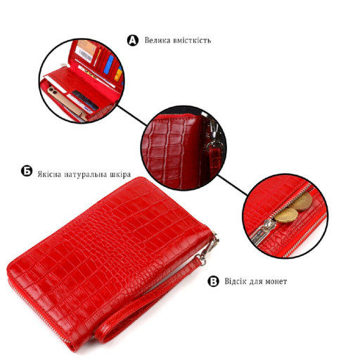 Функціональний клатч для жінок з натуральної шкіри з тисненням під крокодила CANPELLINI 21920 Червоний