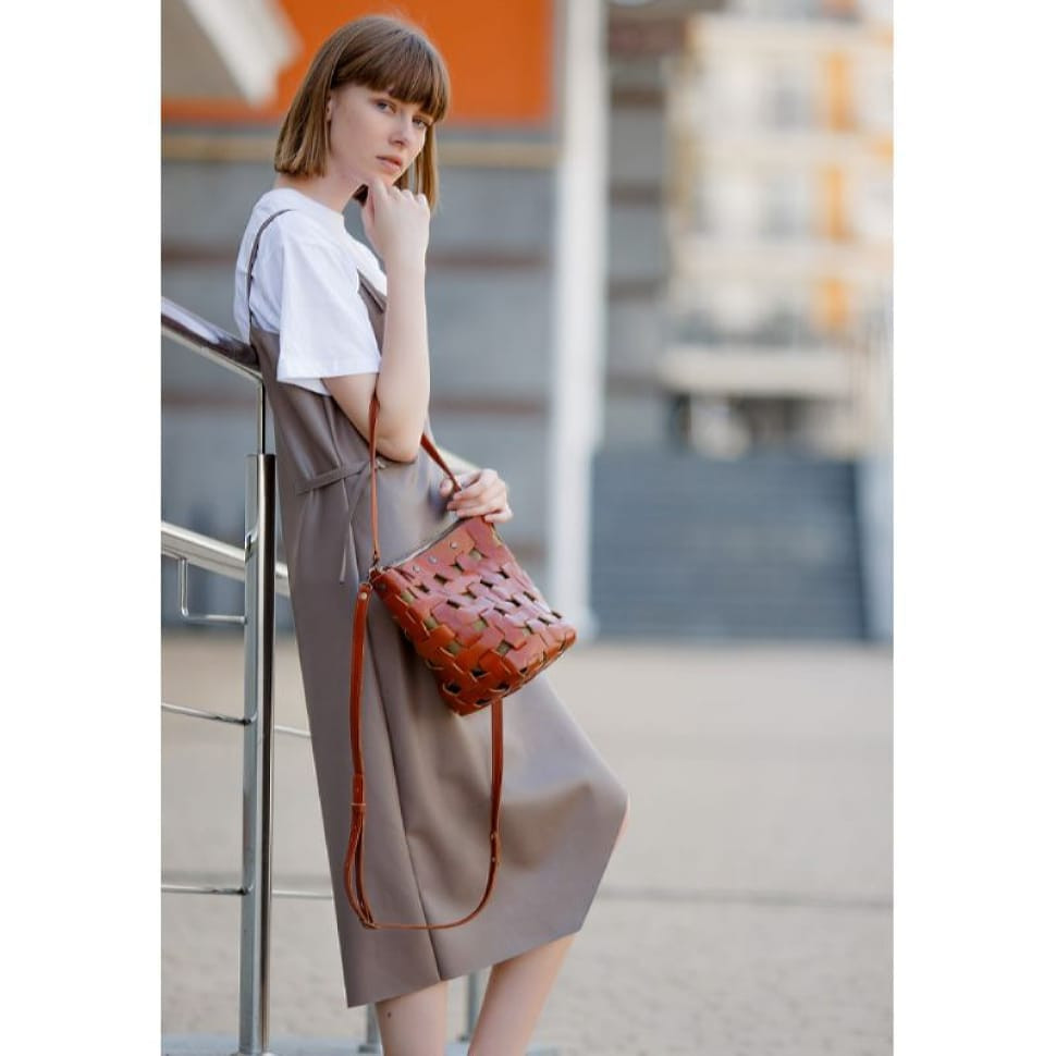 Women's leather woven bag Puzzle M light brown Krast