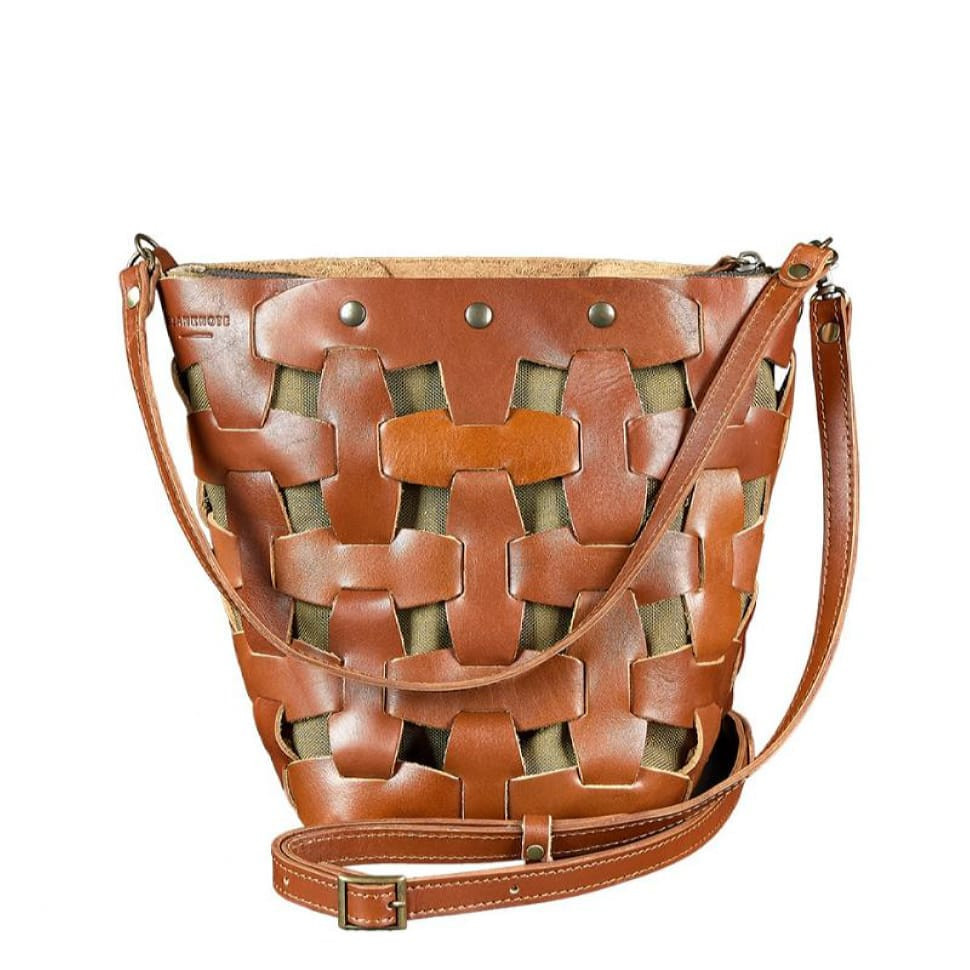 Women's leather woven bag Puzzle M light brown Krast