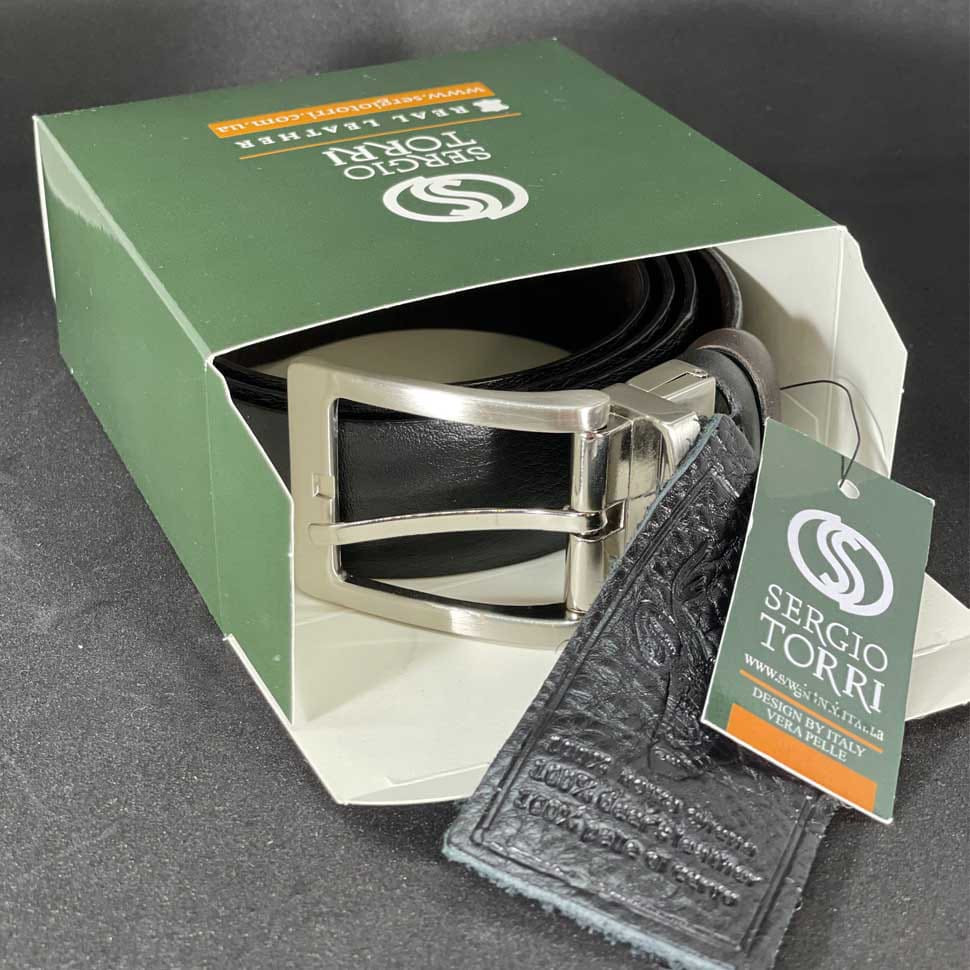 Двосторонній ремінь зі шкіри оленя чер\корич квадратна пряжка t22763-2