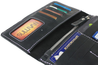 Кошелек женский кожаный SULLIVAN  80242(8) черный фиолетовая нитка