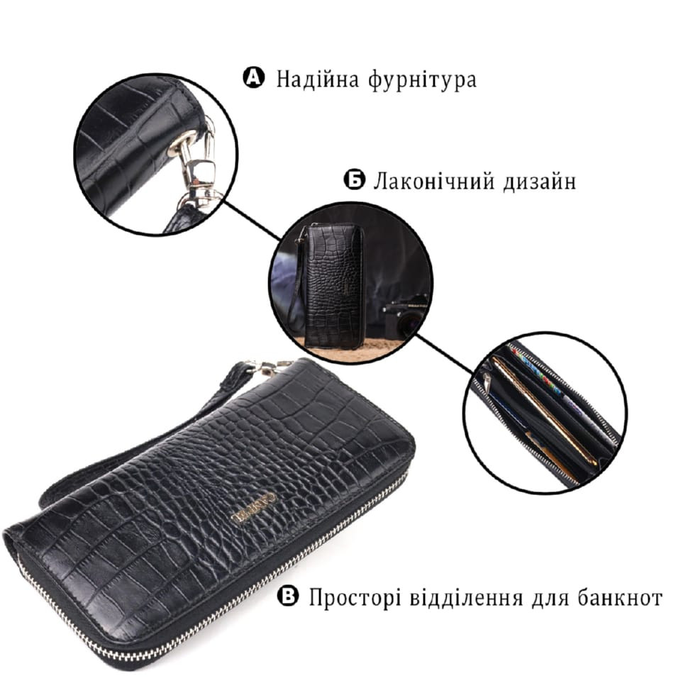 Горизонтальний гаманець для жінок з натуральної фактурної шкіри під крокодила CANPELLINI 21623 Чорний