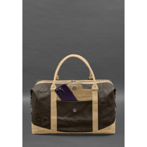 Дорожня сумка з коричневого канвасу та натуральної світло-бежевої шкіри Crazy Horse