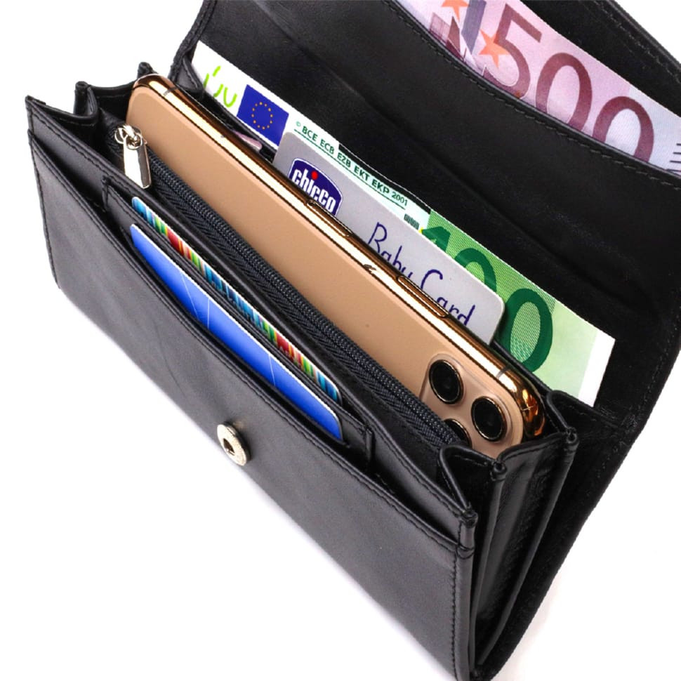 Шикарний жіночий гаманець із зручним функціоналом шкіряний CANPELLINI 21724 Чорний