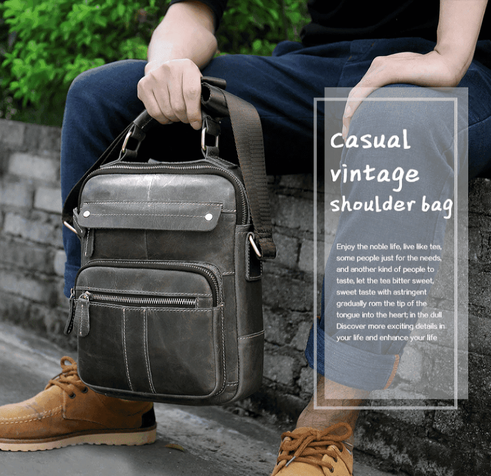 Men's vertical leather bag Vintage 20028 Gray