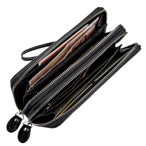 Кошелек женский из экокожи на две молнии лаковый KIVI Хамелеон 19026 Черный