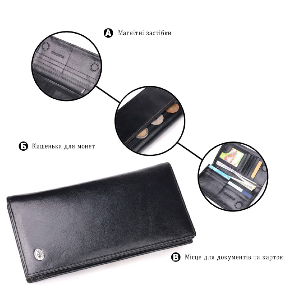 Надійний чоловічий гаманець з натуральної гладкої шкіри у дві додавання ST Leather 19414 Чорний