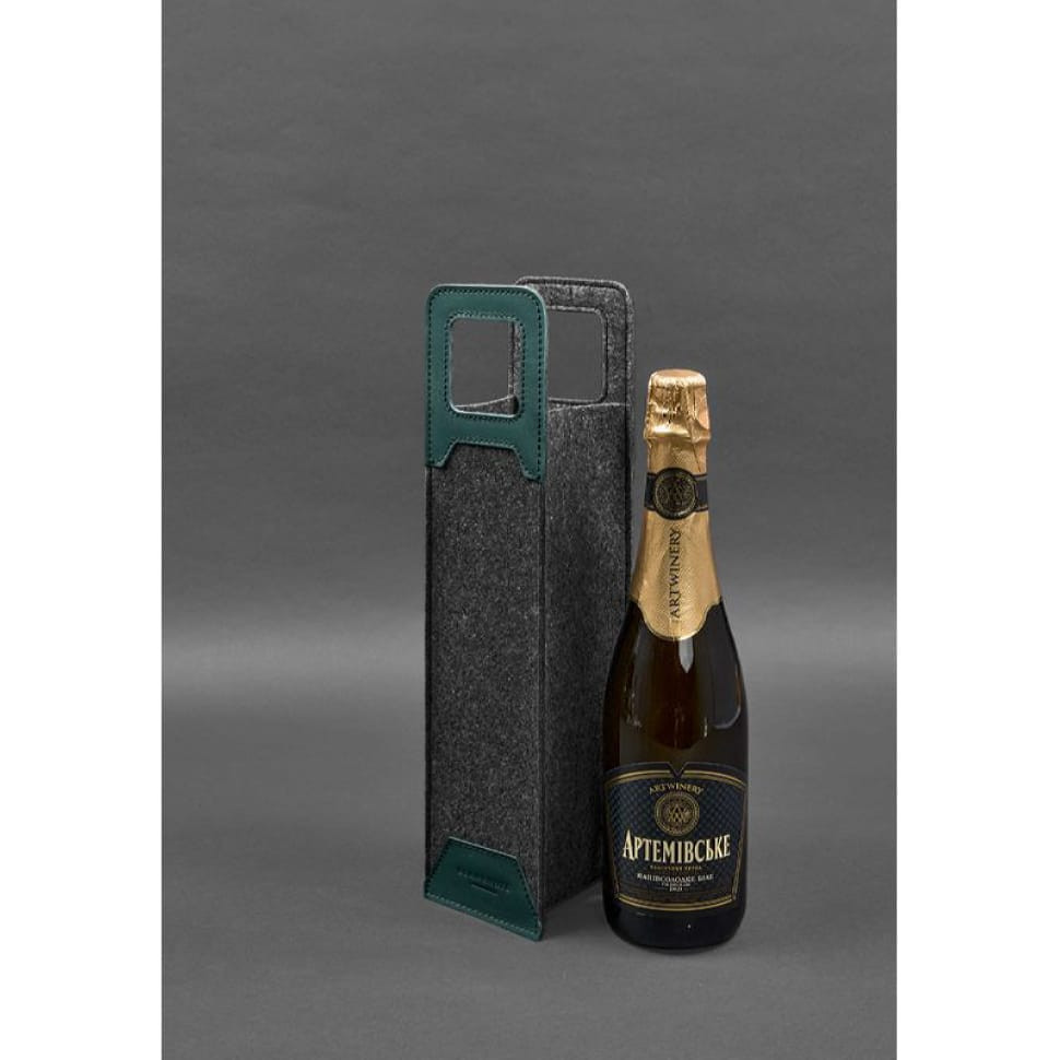 Чохол для вина 1.0 із фетру зі шкіряними вставками зелений Краст