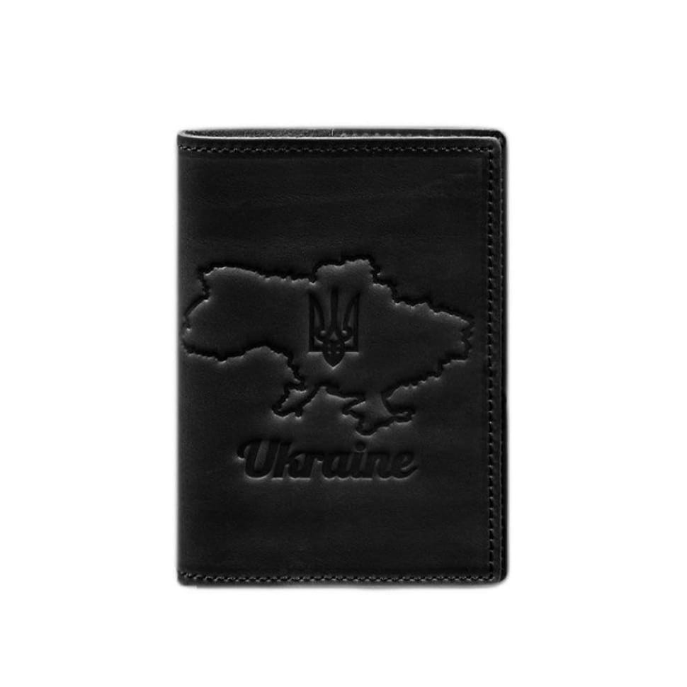 Шкіряна обкладинка для паспорта з карткою України чорний Crazy Horse