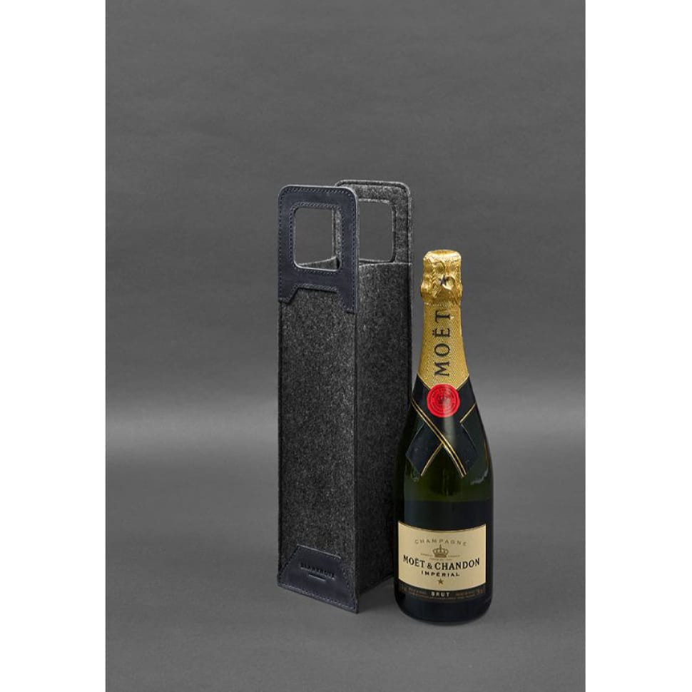 Чохол для вина 1.0 із фетру зі шкіряними вставками синій Crazy Horse