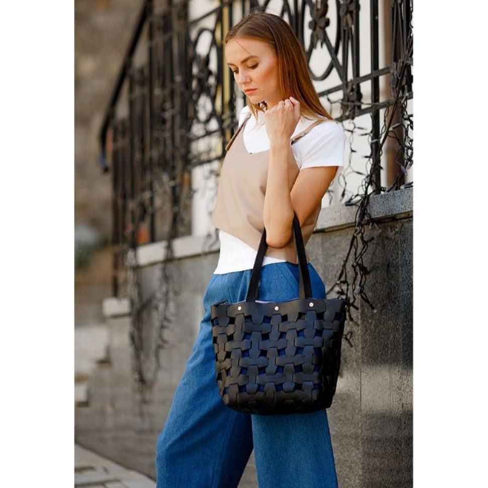 Шкіряна плетена сумка Пазл L чорна Crazy Horse