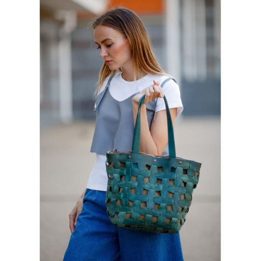 Шкіряна плетена сумка Пазл L зелена Crazy Horse