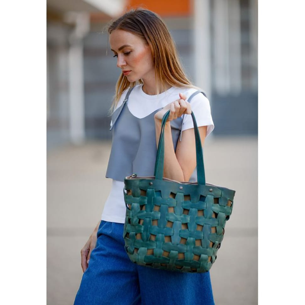 Women's leather woven bag Puzzle L green Crazy Horse