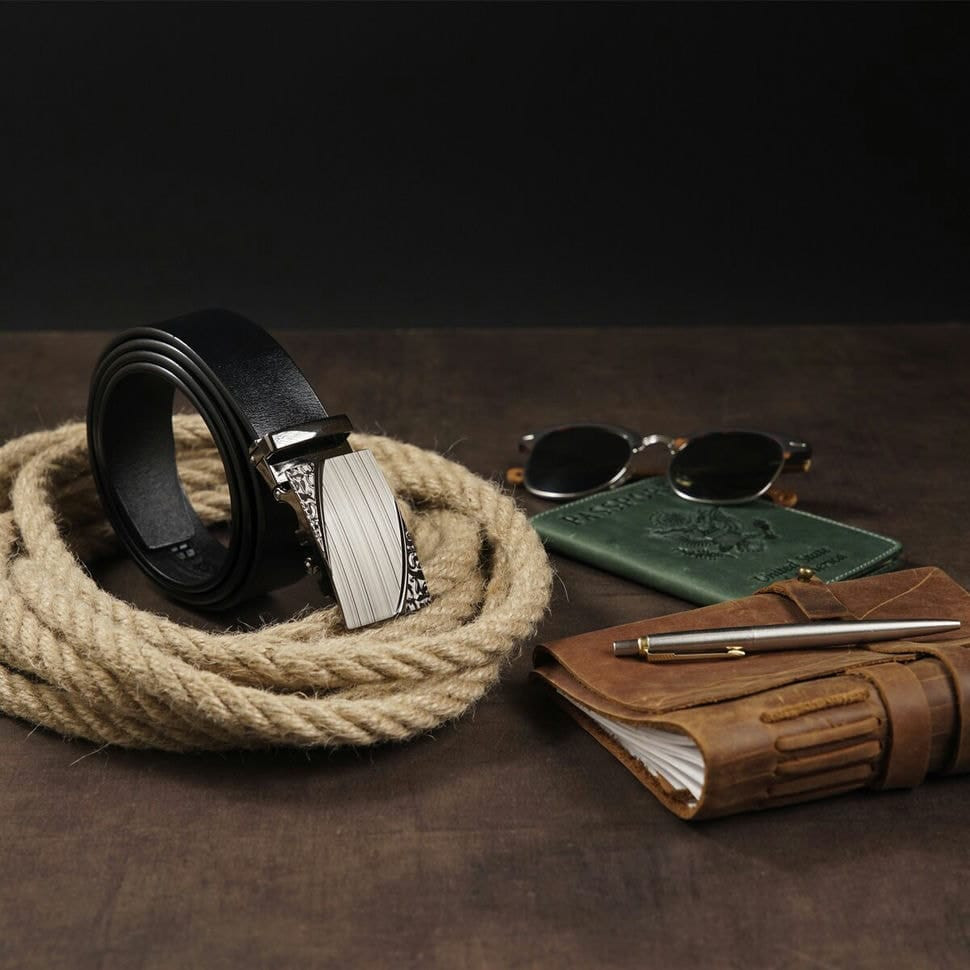 Ремень с автоматической пряжкой с узором Vintage 20251 Черный