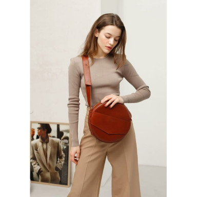 Leather women's round bag-backpack Maxi light brown