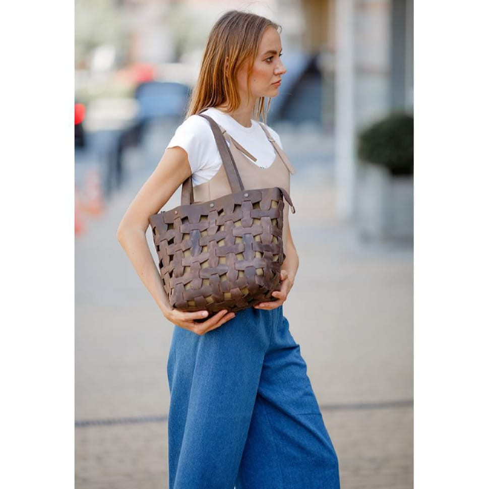 Women's leather woven bag Puzzle L dark brown Crazy Horse