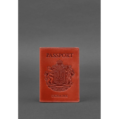 Coral leather passport cover with Ukrainian coat of arms