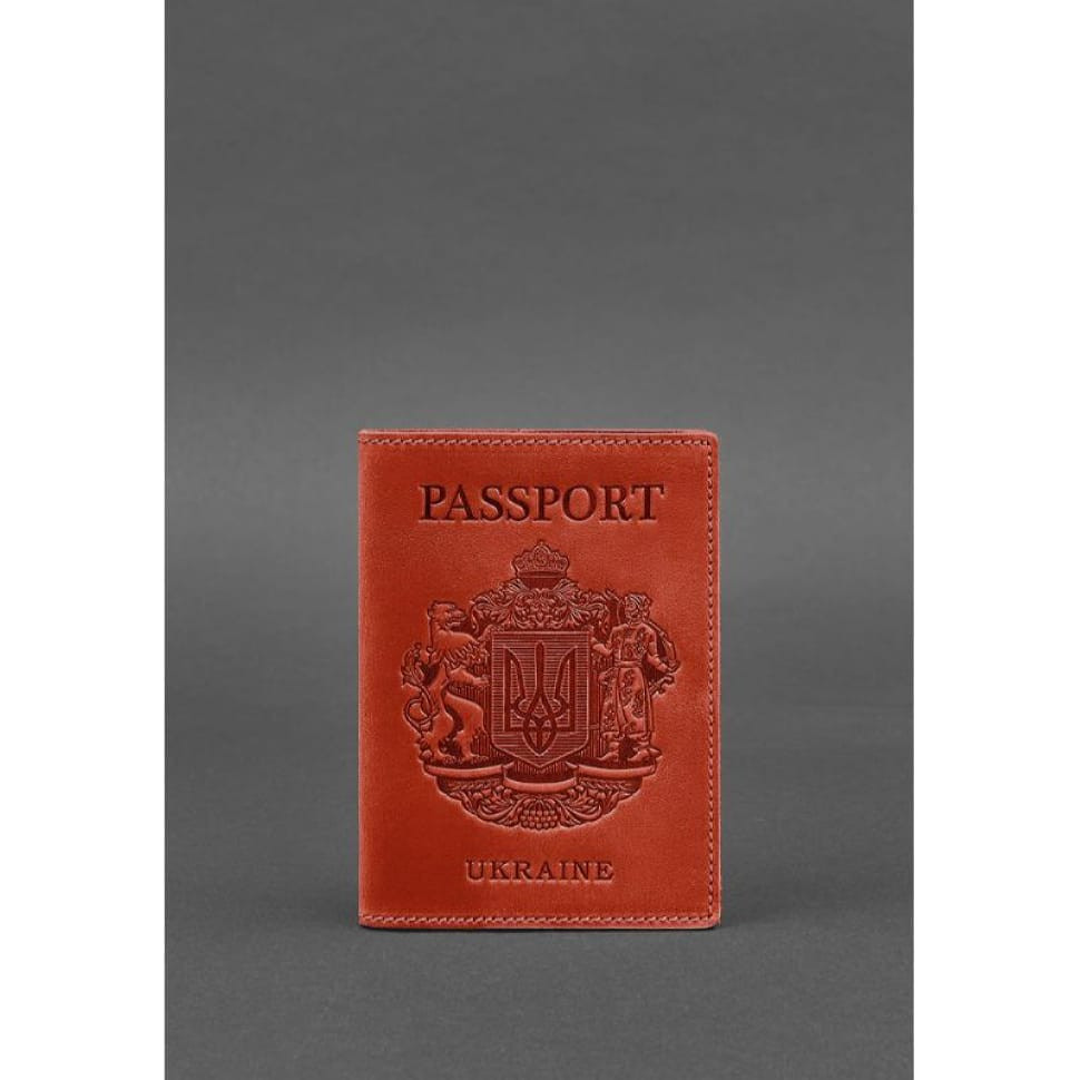 Coral leather passport cover with Ukrainian coat of arms