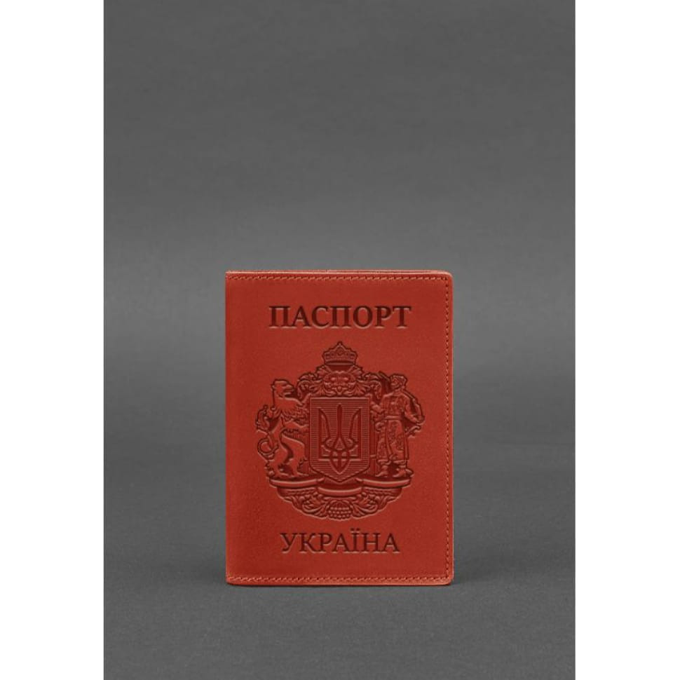 Coral leather passport cover with Ukrainian coat of arms