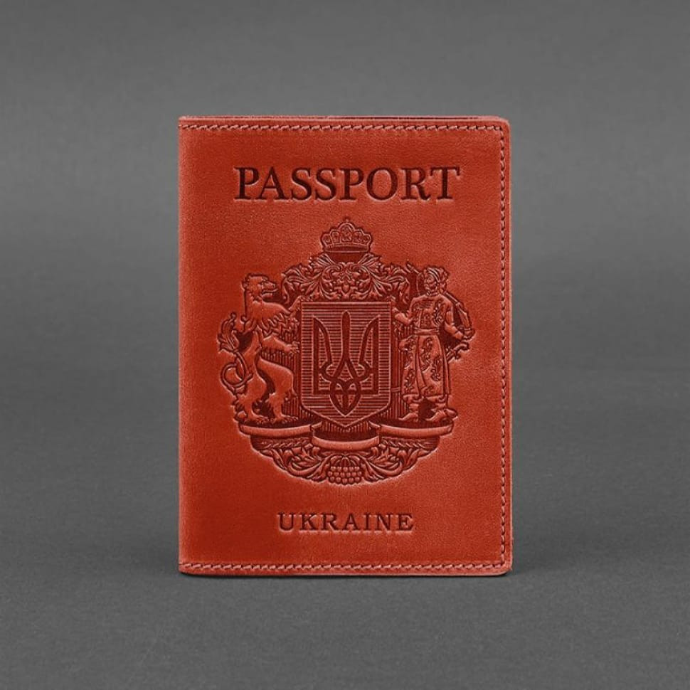 Coral leather passport cover with Ukrainian coat of arms