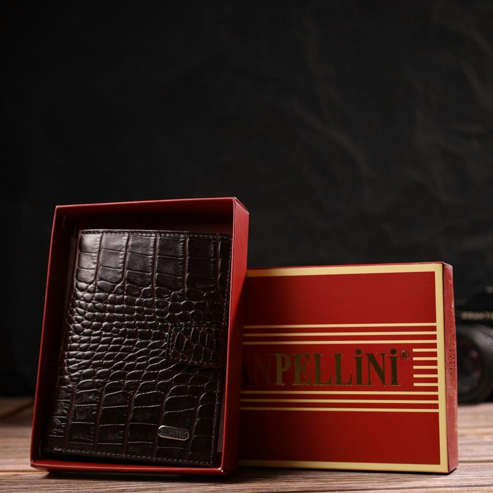 Класичний вертикальний чоловічий портмоне середнього розміру з натуральної шкіри з тисненням під крокодила CANPELLINI 21733