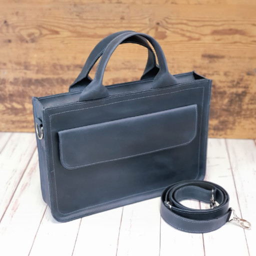 Шкіряна сумка для документів і невеликого ноутбука BGS синя BGS3178