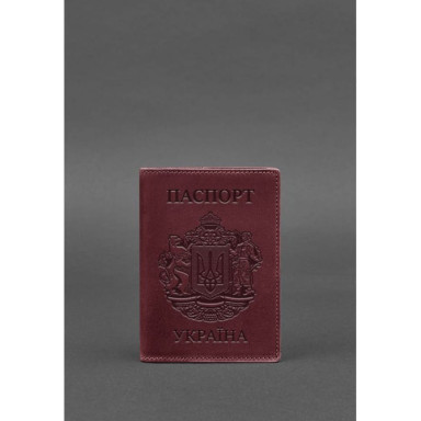Leather passport cover with Ukrainian coat of arms burgundy